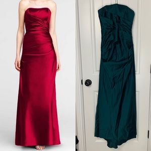 David’s Bridal green strapless satin ruched gown